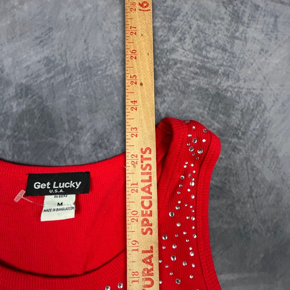 Get Lucky USA Red Rhinestone Ribbed Tank Top Women Medium Y2K Vintage Streetwear - Picture 5 of 8